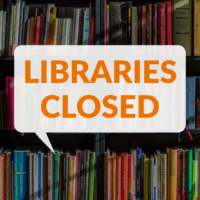 a photograph of a bookshelf with text that says 'Libraries closed'