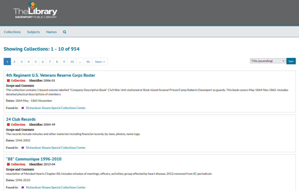 Image of Davenport Public Library's Archive and Manuscript Catalog.