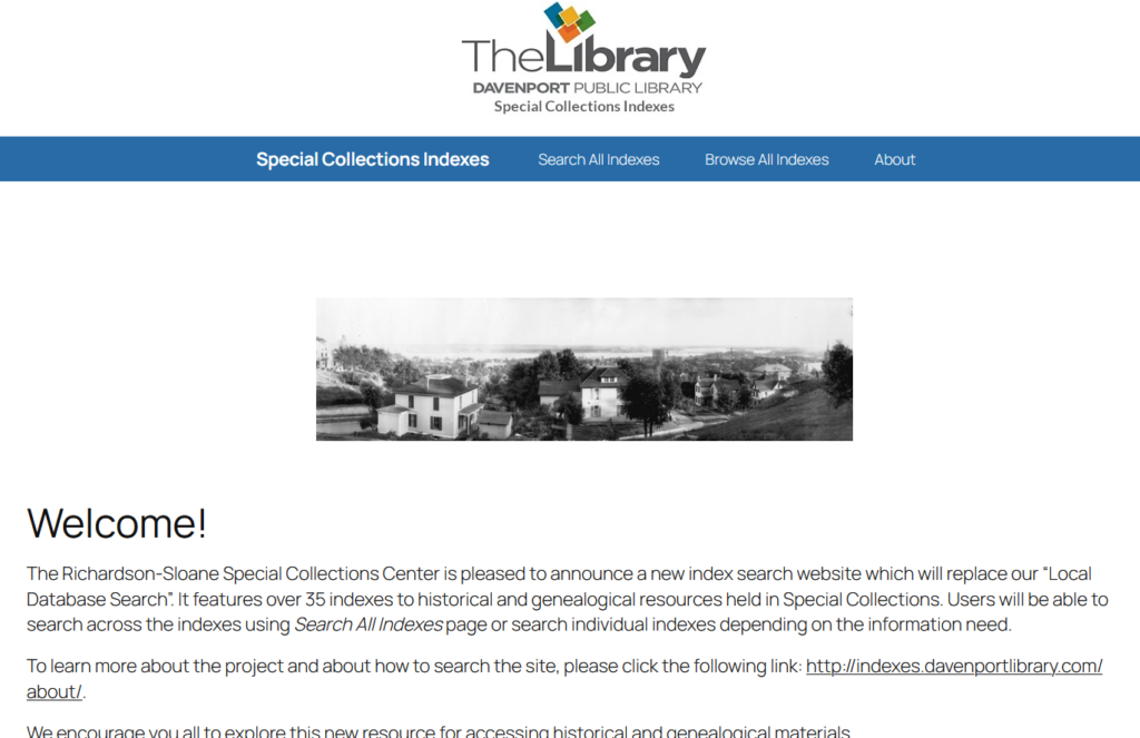 Special Collections Indexes homepage featuring tabs for search all indexes and browse all indexes.